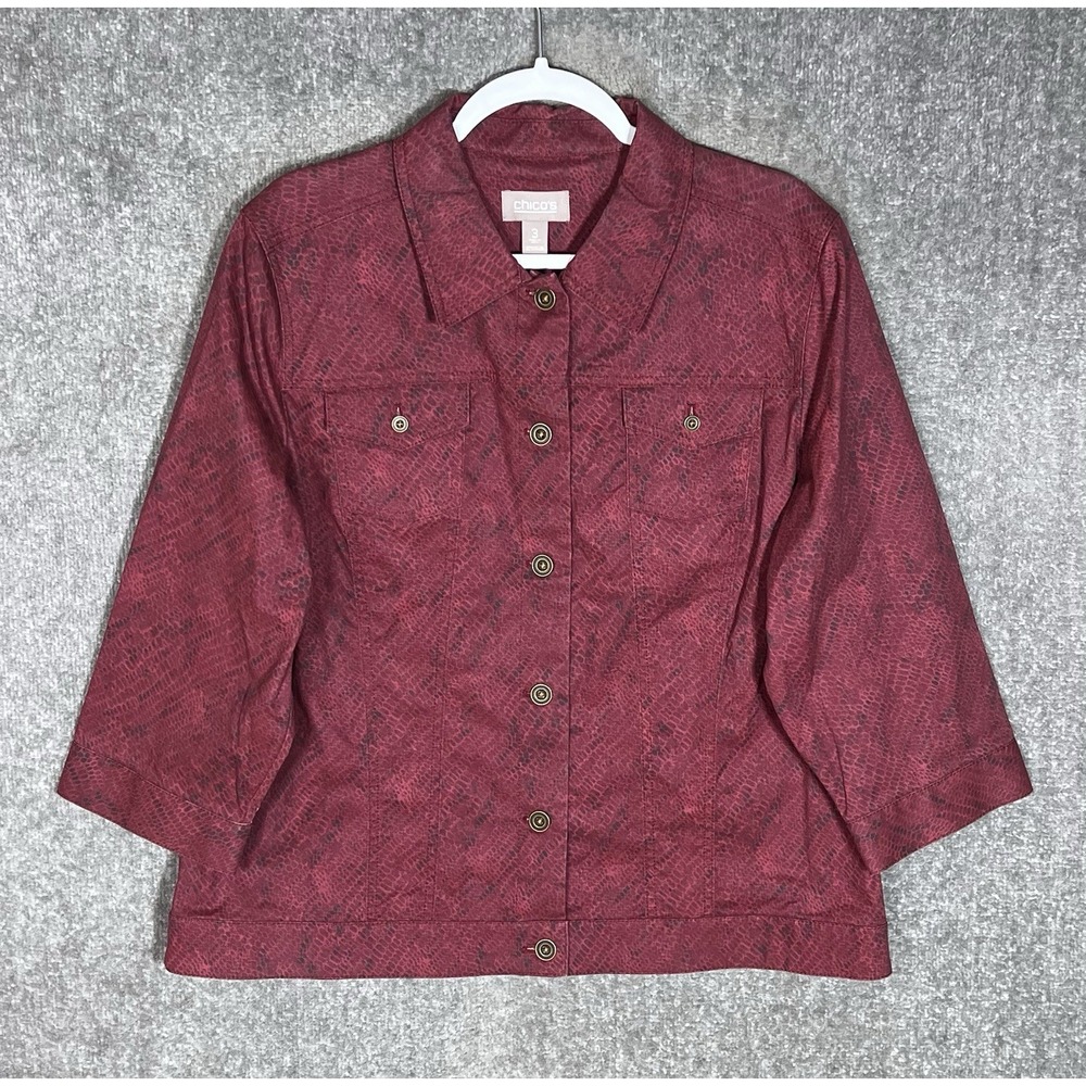 Chicos Jacket Womens Sz 3 US Size XL Burgundy Black Snakeskin Pockets 3/4 Sleeve